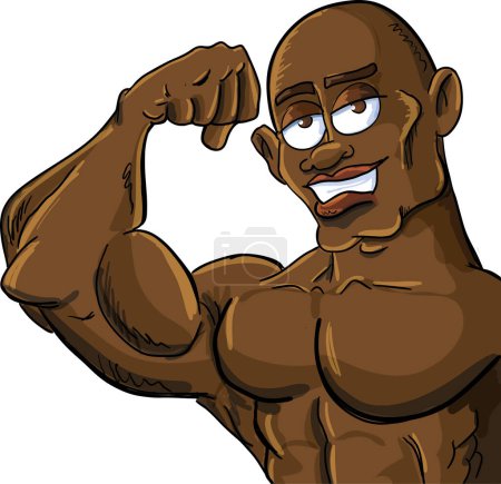 Téléchargez les illustrations : Un homme noir dessin animé avec un biceps fort. - en licence libre de droit