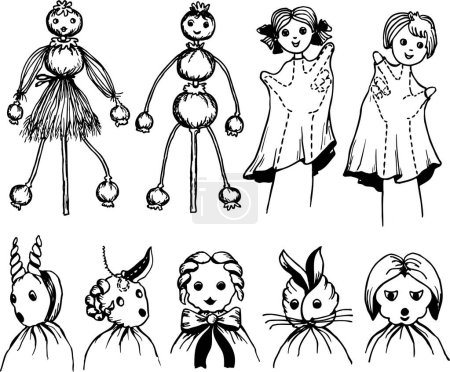 Téléchargez les illustrations : Dessin à la main d'une poupée dans différents styles - en licence libre de droit