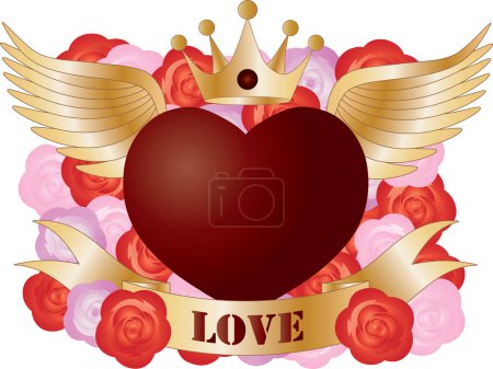 Téléchargez les illustrations : Illustration vectorielle d'un cœur avec couronne et roses - en licence libre de droit