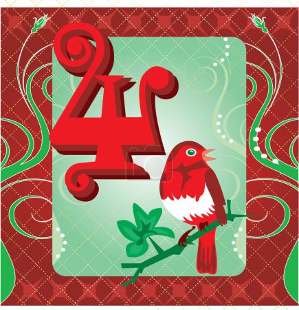 Ilustración de Número 4 con ilustración de pájaros rojos - Imagen libre de derechos