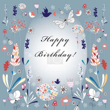 Ilustración de Tarjeta de felicitación feliz cumpleaños vector con elementos florales y flores - Imagen libre de derechos