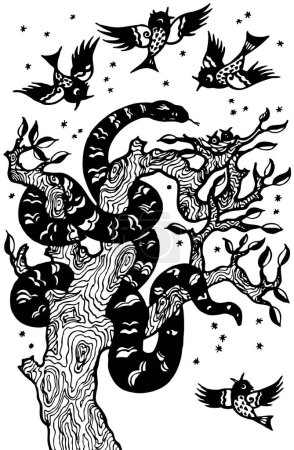 Téléchargez les illustrations : Illustration en noir et blanc d'un serpent assis sur l'arbre avec des oiseaux volants autour - en licence libre de droit
