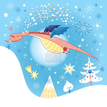 Illustration for Christmas background with cute dragon - Royalty Free Image
