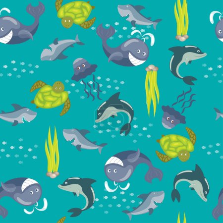 Téléchargez les illustrations : Motif sans couture avec les dauphins et autres créatures marines - en licence libre de droit