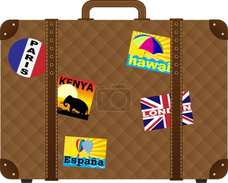 Illustration for Vintage Brown luggage With Stickers - Isolated on White - Royalty Free Image