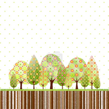 Ilustración de Árbol primaveral abstracto con tarjeta de felicitación de flores coloridas - Imagen libre de derechos