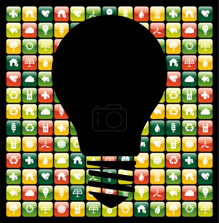 Téléchargez les illustrations : Ampoule silhouette ampoule avec beaucoup de différentes icônes - en licence libre de droit
