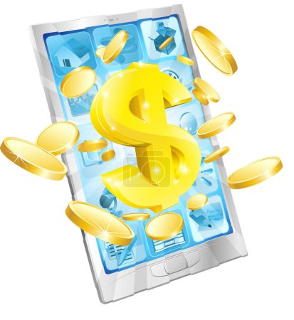 Ilustración de Teléfono móvil con dinero y monedas de oro aisladas sobre fondo blanco 3 d ilustración - Imagen libre de derechos