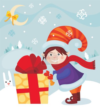 Téléchargez les illustrations : Cadeau de Noël avec Père Noël claus et rennes - en licence libre de droit