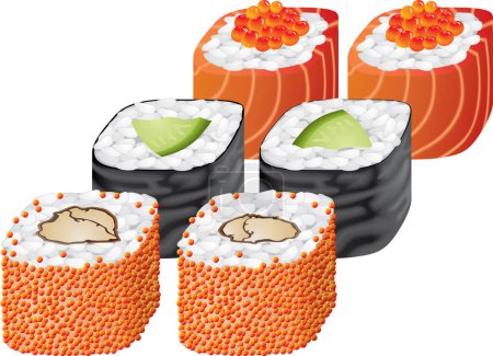 Illustration for Set of sushi and maki rolls with salmon and caviar. - Royalty Free Image