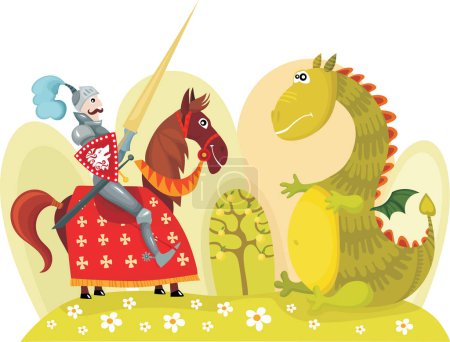 Ilustración de Escena de cuento de hadas de dibujos animados con príncipe y dragón - Imagen libre de derechos