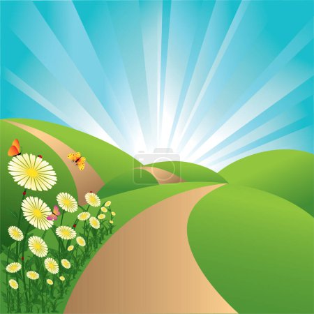 Ilustración de Primavera paisaje campos verdes cielo azul flores y mariposas - Imagen libre de derechos