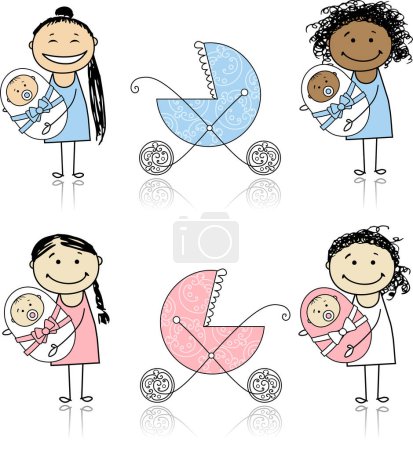 Ilustración de Bebé con padres, bebé, cochecito - Imagen libre de derechos