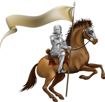 Téléchargez les illustrations : Illustration d'un chevalier chevauchant un cheval avec une épée sur un fond blanc - en licence libre de droit