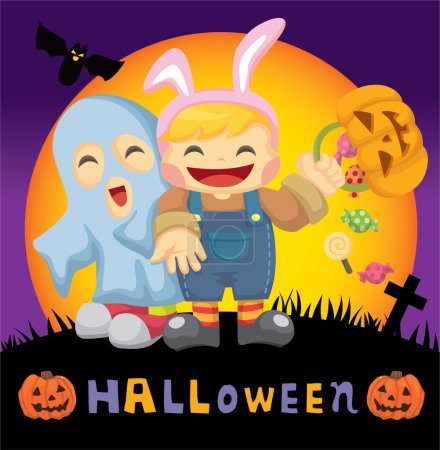 Illustration for Halloween background with cute cartoon characters - Royalty Free Image