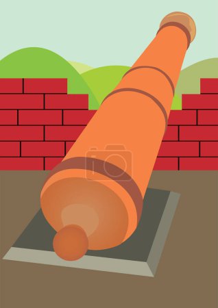 Illustration for Brick building construction with old cannon - Royalty Free Image
