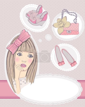 Téléchargez les illustrations : Illustration d'une jolie fille sur fond rose, concept de mode - en licence libre de droit