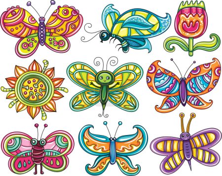 Ilustración de Mariposas dibujadas a mano coloridas. ilustración vectorial. - Imagen libre de derechos