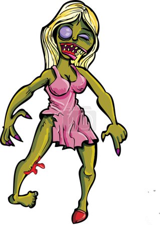 Téléchargez les illustrations : Femme zombie dessin animé en robe rose - en licence libre de droit