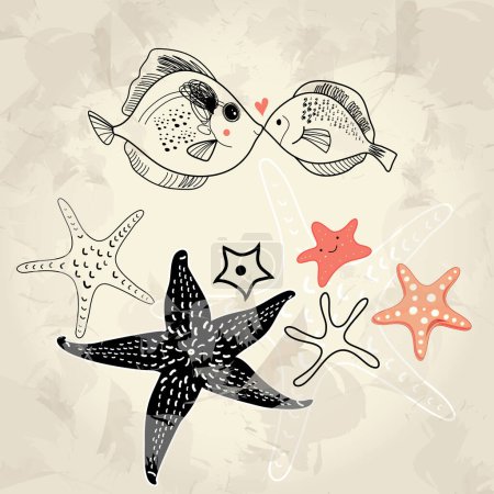 Téléchargez les illustrations : Ensemble de poissons marins avec étoiles de mer - en licence libre de droit
