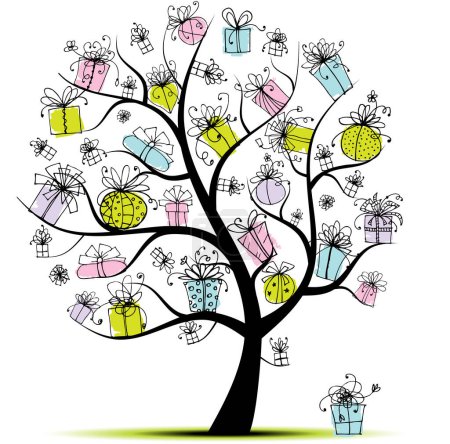 Téléchargez les illustrations : Illustration de l'arbre couvert de cadeaux - en licence libre de droit