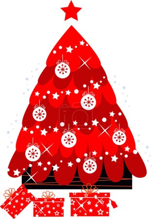 Téléchargez les illustrations : Joyeux sapin de Noël avec des étoiles rouges. illustration - en licence libre de droit