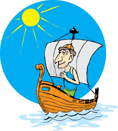 Illustration for Illustration of a man in an old boat sailing on a white background - Royalty Free Image
