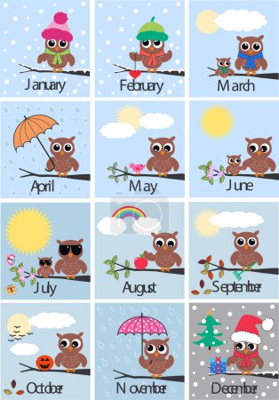 Ilustración de Calendario con búhos divertidos - Imagen libre de derechos