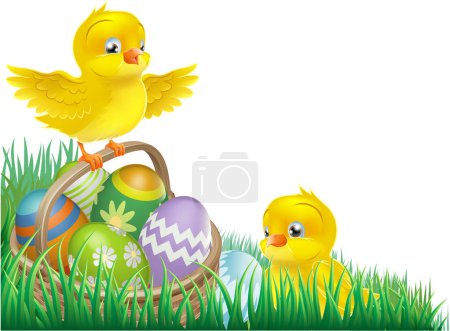 Ilustración de Ilustración de polluelos lindos con huevos sobre fondo blanco - Imagen libre de derechos