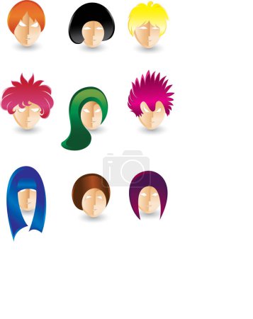Téléchargez les illustrations : Ensemble de têtes féminines avec différentes couleurs - en licence libre de droit
