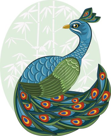 Ilustración de Hermosa ilustración de pavo real sobre fondo verde claro - Imagen libre de derechos