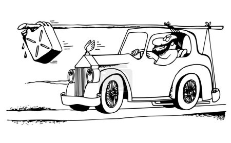 Téléchargez les illustrations : Illustration dessin animé d'un homme heureux tirant vers le haut de la voiture - en licence libre de droit