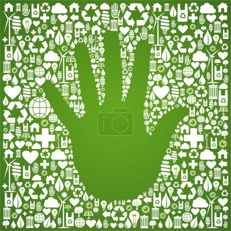 Téléchargez les illustrations : Concept d'écologie : main tenant une icône de feuille verte sur le fond - en licence libre de droit