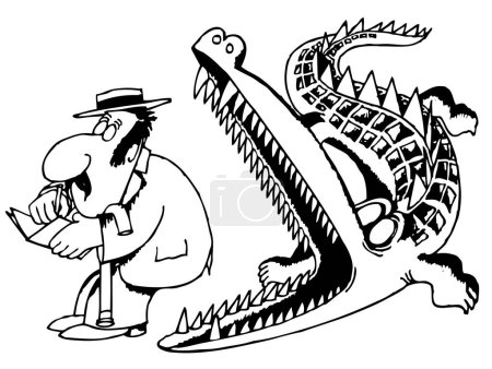 Illustration for Black and white illustration of a crocodile trying to eat the man - Royalty Free Image