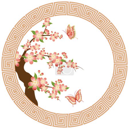 Ilustración de Flor de cerezo oriental con fondo de pantalla de mariposa - Imagen libre de derechos