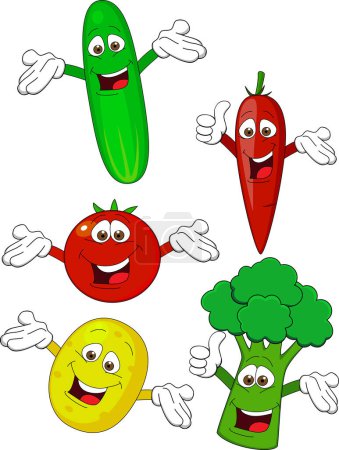 Téléchargez les illustrations : Ensemble de drôles de légumes de dessin animé. illustration vectorielle - en licence libre de droit