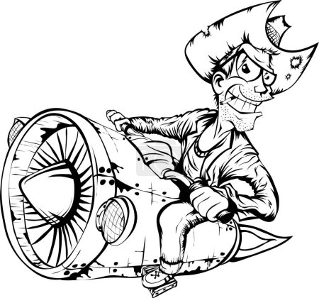 Téléchargez les illustrations : Vélo-cow-boy sur une fusée turbo. Illustration vectorielle noir et blanc isolée. - en licence libre de droit