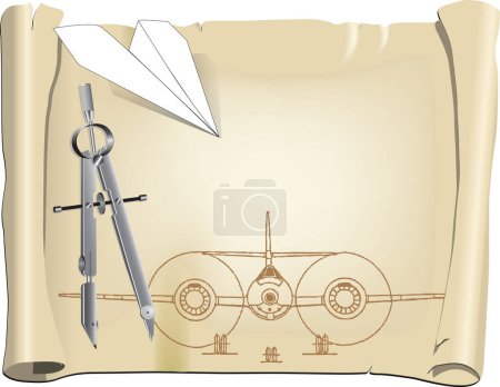 Illustration for Parchment with a drawing for a model aircraft with a paper airplane. Vector illustration. - Royalty Free Image