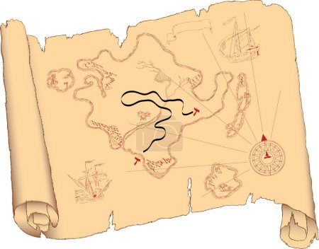 Ilustración de Mapa del viejo mapa del tesoro con un pergamino, un mapa pirata - Imagen libre de derechos