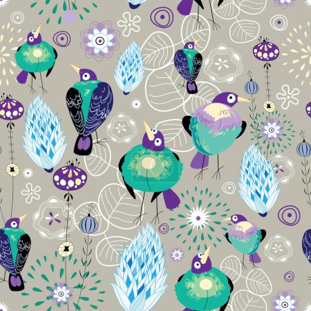 Illustration for Cartoon cute seamless pattern. birds and flowers. for wrapping paper and textile - Royalty Free Image