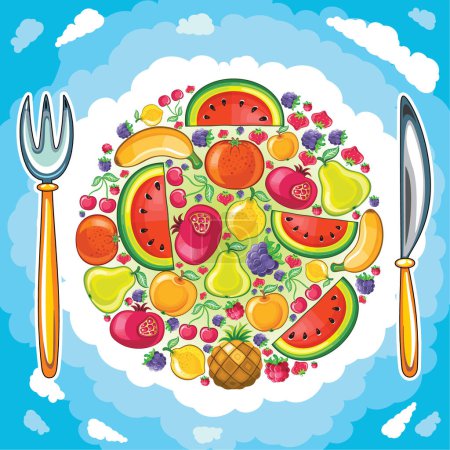 Téléchargez les illustrations : Illustration de la salade de fruits avec couteau et fourchette - en licence libre de droit