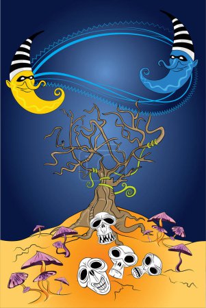 Téléchargez les illustrations : Illustration halloween avec arbre séché et crânes humains - en licence libre de droit