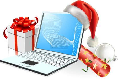 Illustration for 3 d illustration of laptop computer over christmas background with gift - Royalty Free Image
