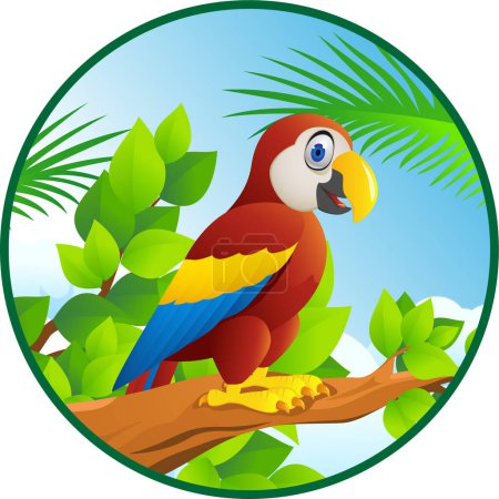 Téléchargez les illustrations : Illustration d'oiseau perroquet sur la branche avec de grandes feuilles vertes - en licence libre de droit