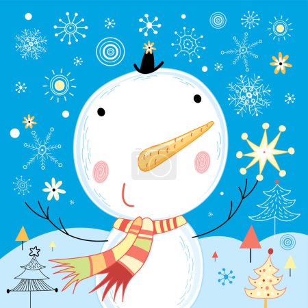 Téléchargez les illustrations : Bonhomme de neige mignon en hiver - en licence libre de droit