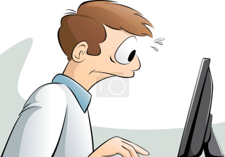 Illustration for A man is looking through the laptop. he is tired. vector illustration of a cartoon character. - Royalty Free Image
