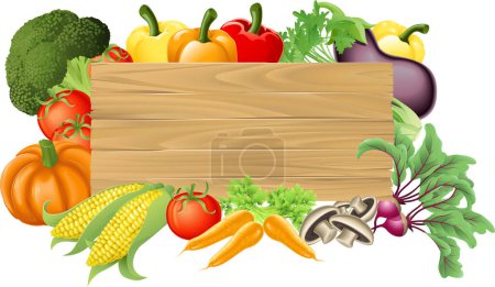 Ilustración de Verduras frescas con tablero en blanco de madera - Imagen libre de derechos
