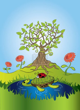 Foto de Ilustración colorida del árbol verde y la tortuga nadando en el estanque - Imagen libre de derechos