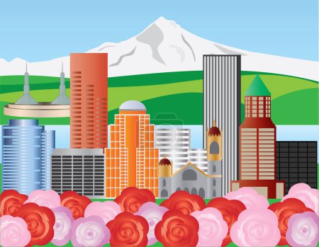 Téléchargez les illustrations : Portland Oregon Skyline avec Mount Hood Illustration - en licence libre de droit