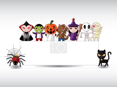 Téléchargez les illustrations : Fête de vacances d'Halloween avec enfants et tableau blanc - en licence libre de droit